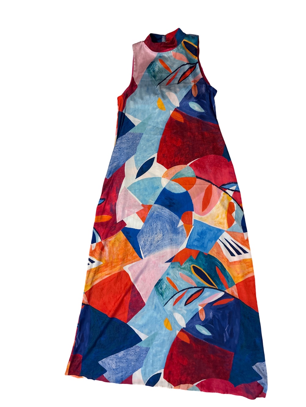 Abstract Multicolor Maxi Dress - Sleeveless High Neck